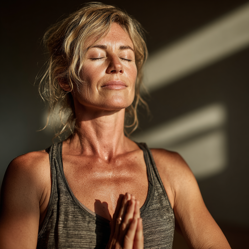 Peaceful middle-aged woman in her late 40s practicing gentle yoga poses in a serene studio setting, wearing comfortable earth-toned activewear, with natural lighting creating a calm atmosphere