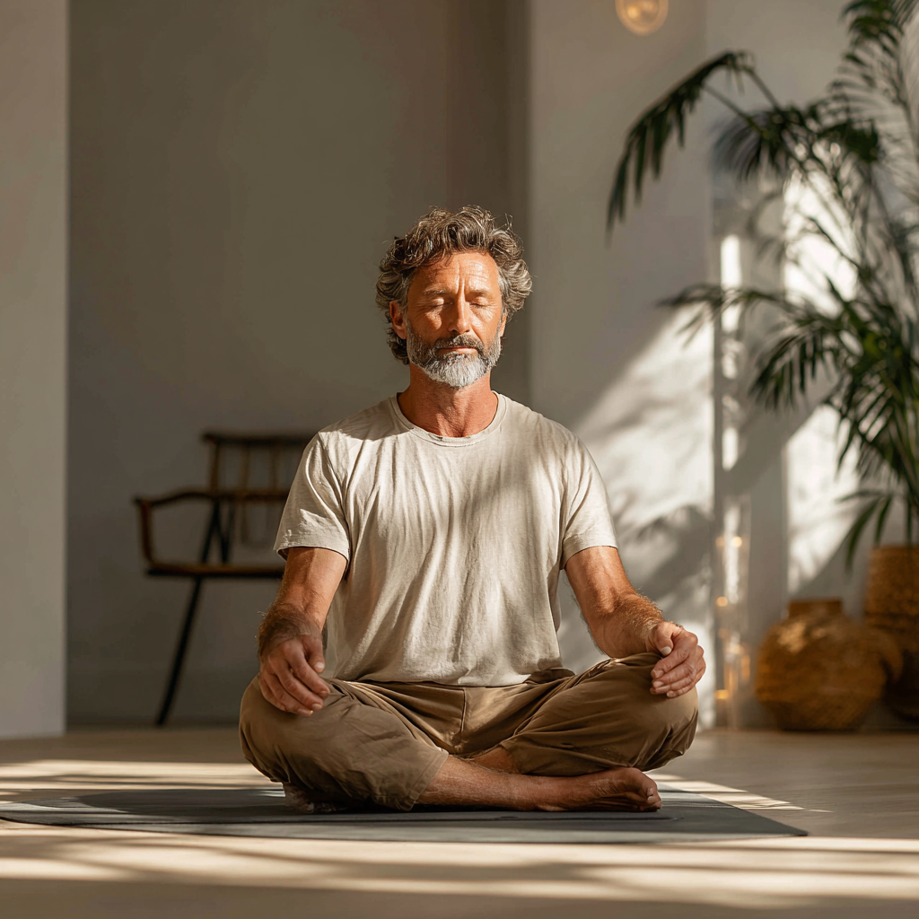 Serene male yoga instructor in his early 50s demonstrating a gentle meditation pose in a bright, airy studio space, wearing neutral-colored comfortable clothing, surrounded by natural elements and soft lighting